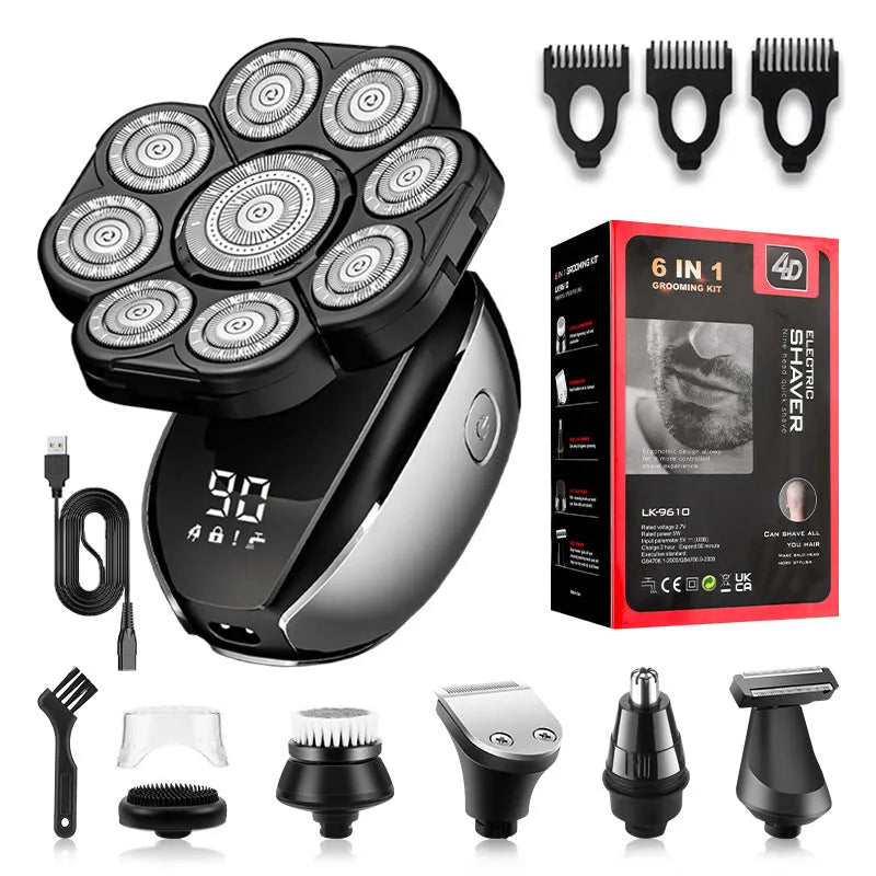 Black rechargeable 6-in-1 haircut suit with hair clipper, shaver, nose trimmer, and accessories