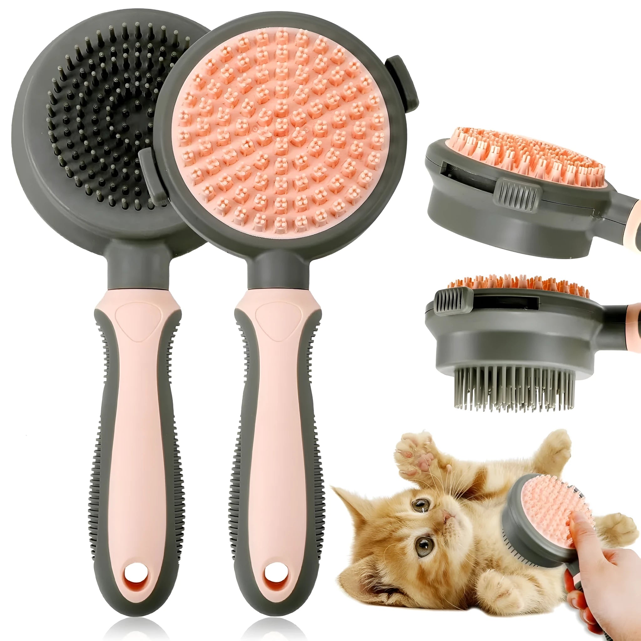 Double-sided pink cat brush with release button and separate flea comb for pet grooming