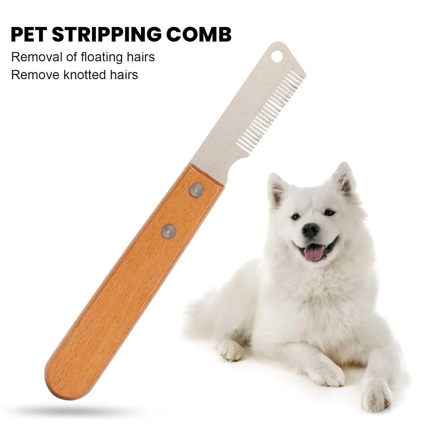Pet stripping comb with wood handle and metal teeth for dog and cat grooming