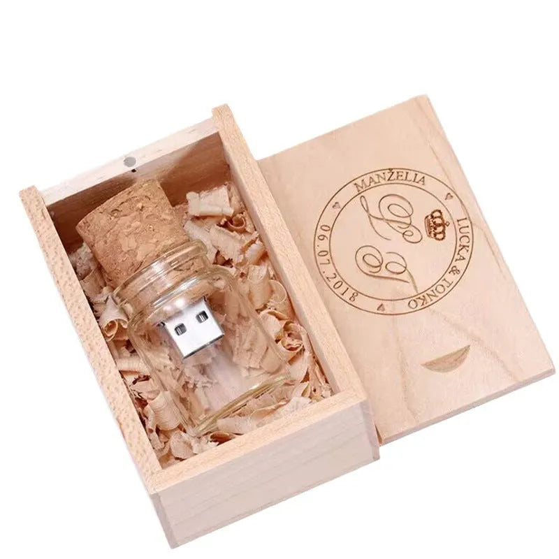 Transparent acrylic drift bottle USB flash drive with wooden cork stopper showing interior USB component