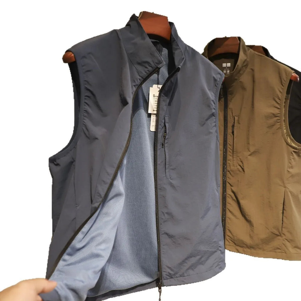Retro style men's thin nylon vest cardigan in army green with side seam pockets