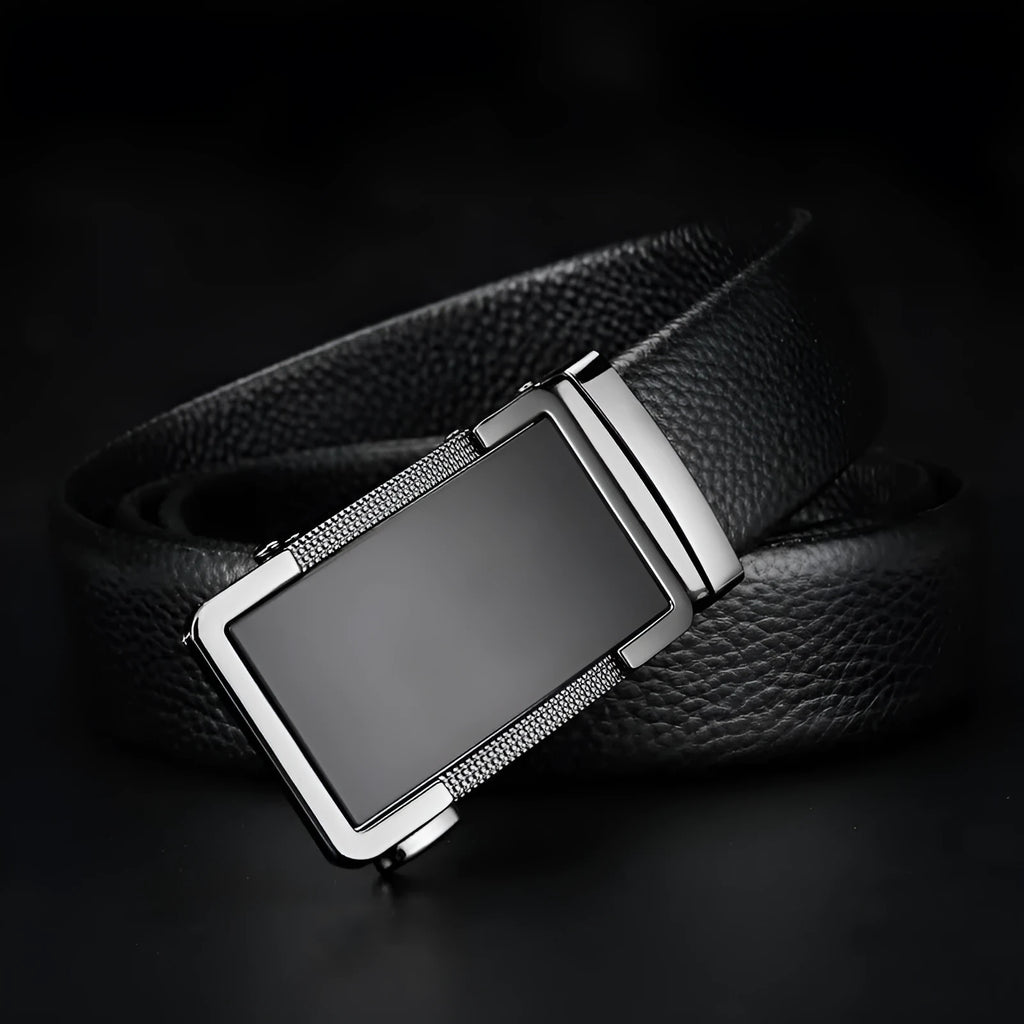 Men's leather belt with automatic buckle in gun black, silver, or gold colours