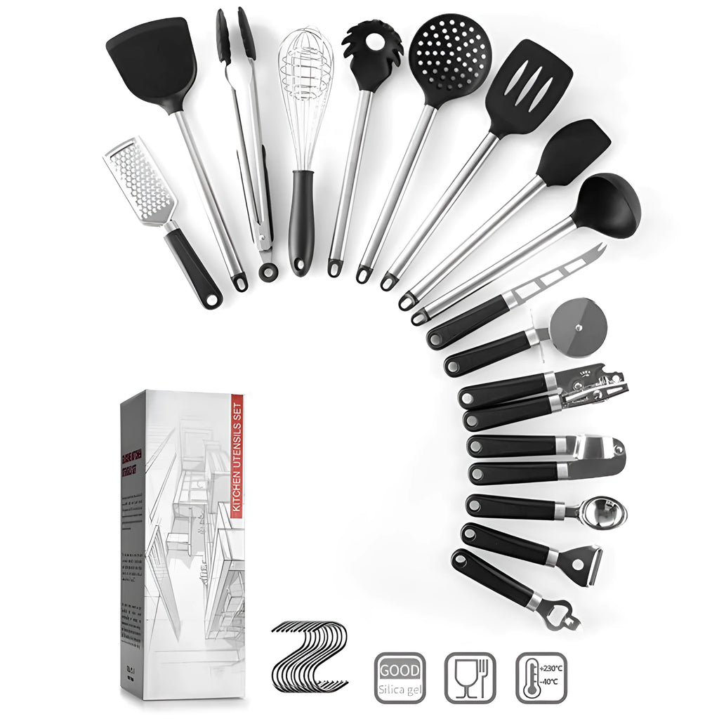 Black silicone kitchen utensil set with stainless steel handles - 16 pieces for cooking