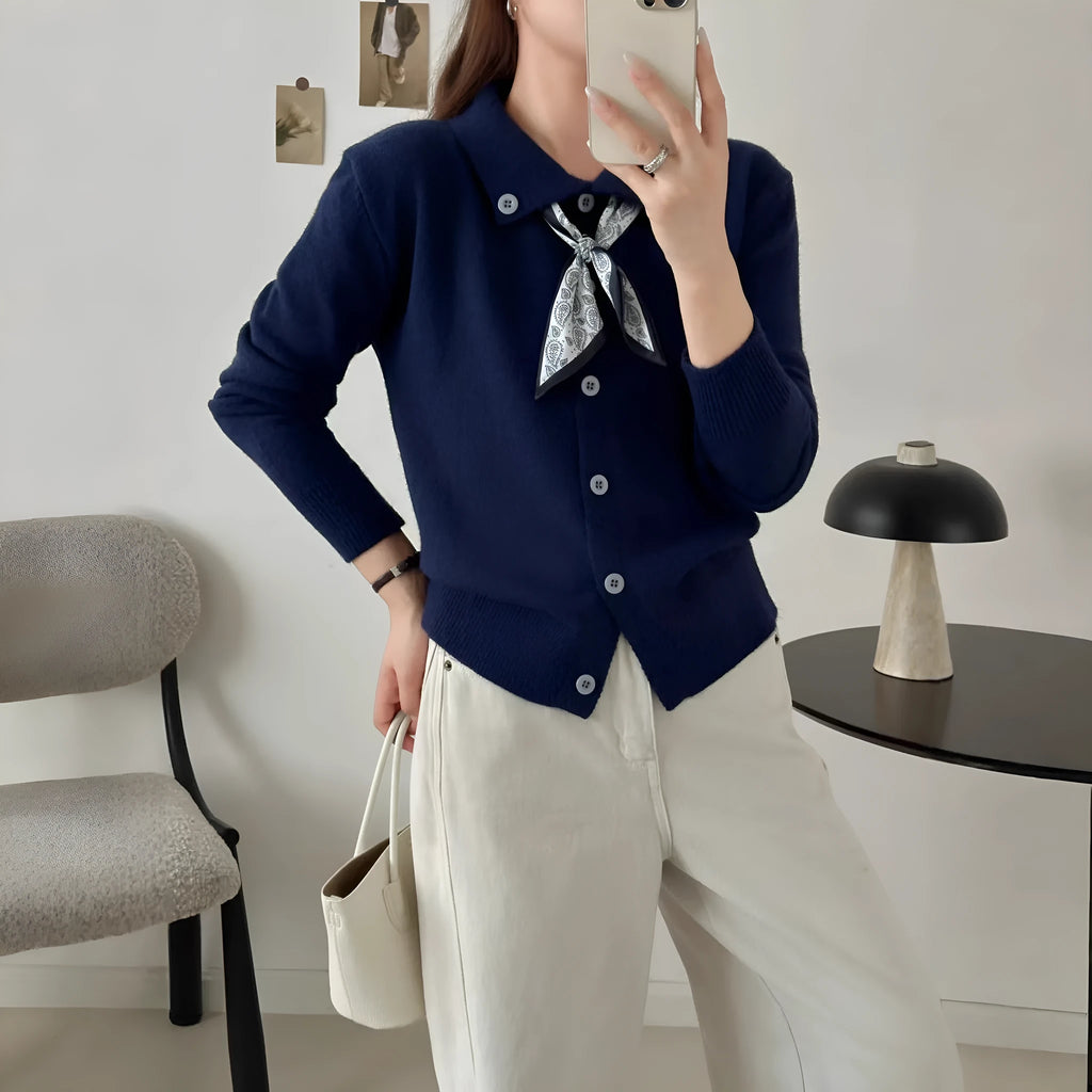 Women's lapel scarf sweater cardigan in acrylic fibre, shown in a neutral colour with long sleeves.