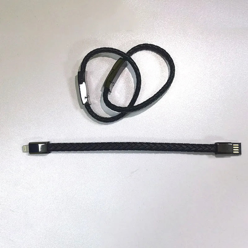 Black braided PU leather bracelet charger USB data cable with zinc alloy joints, 20cm or 22.5cm