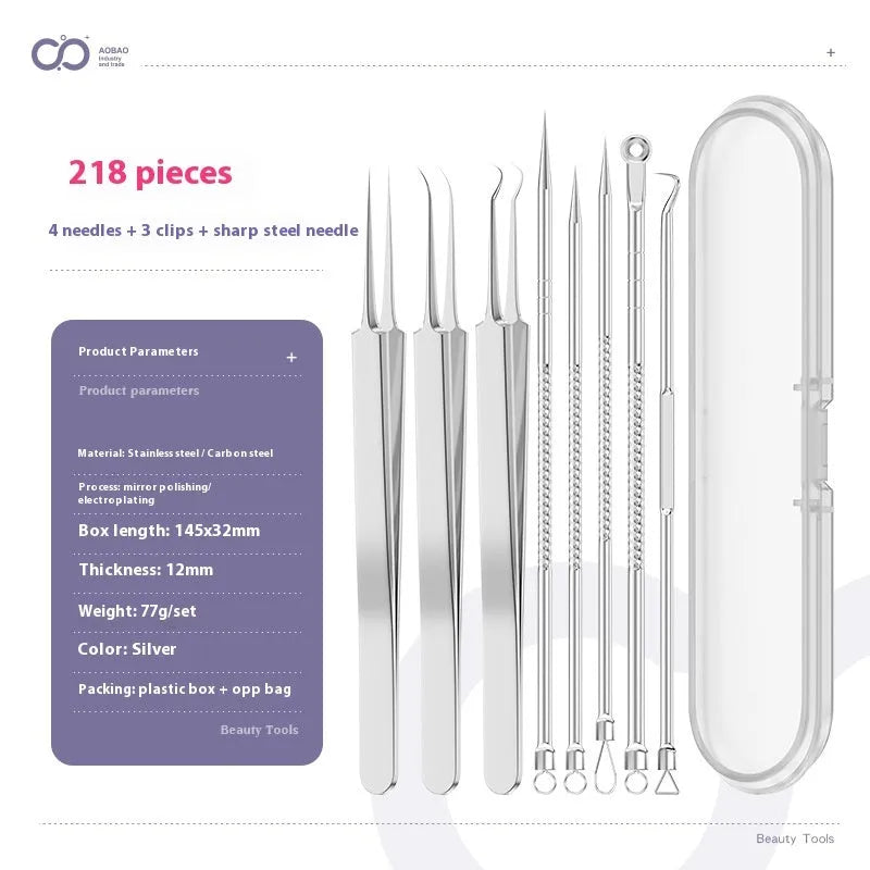 Four silver metal acne needles with ultra-fine pointed tips for skincare treatment.