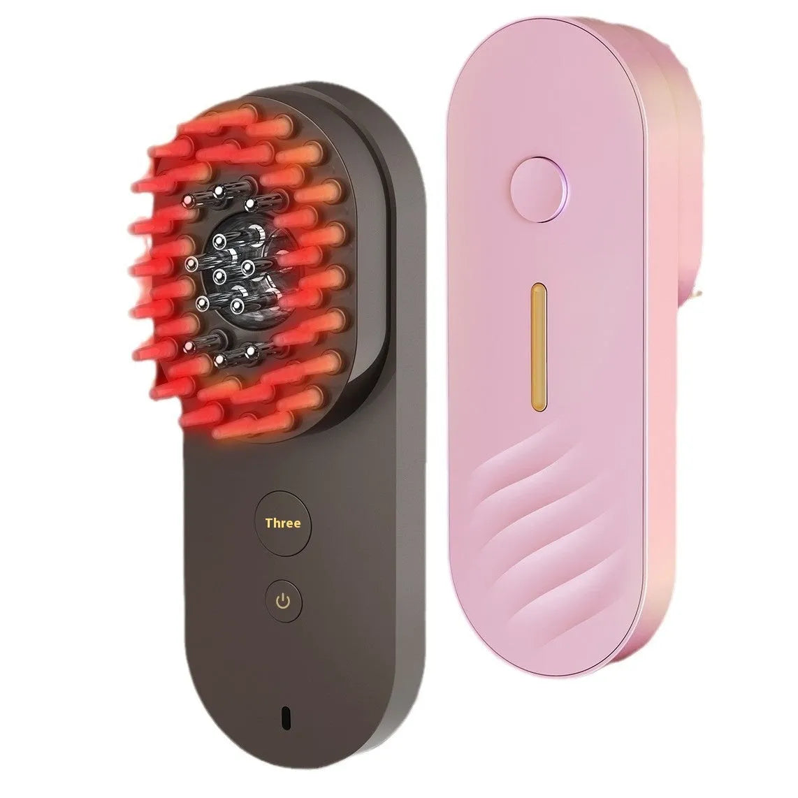Smart massage comb with red light therapy in pink or black, measuring under 10cm