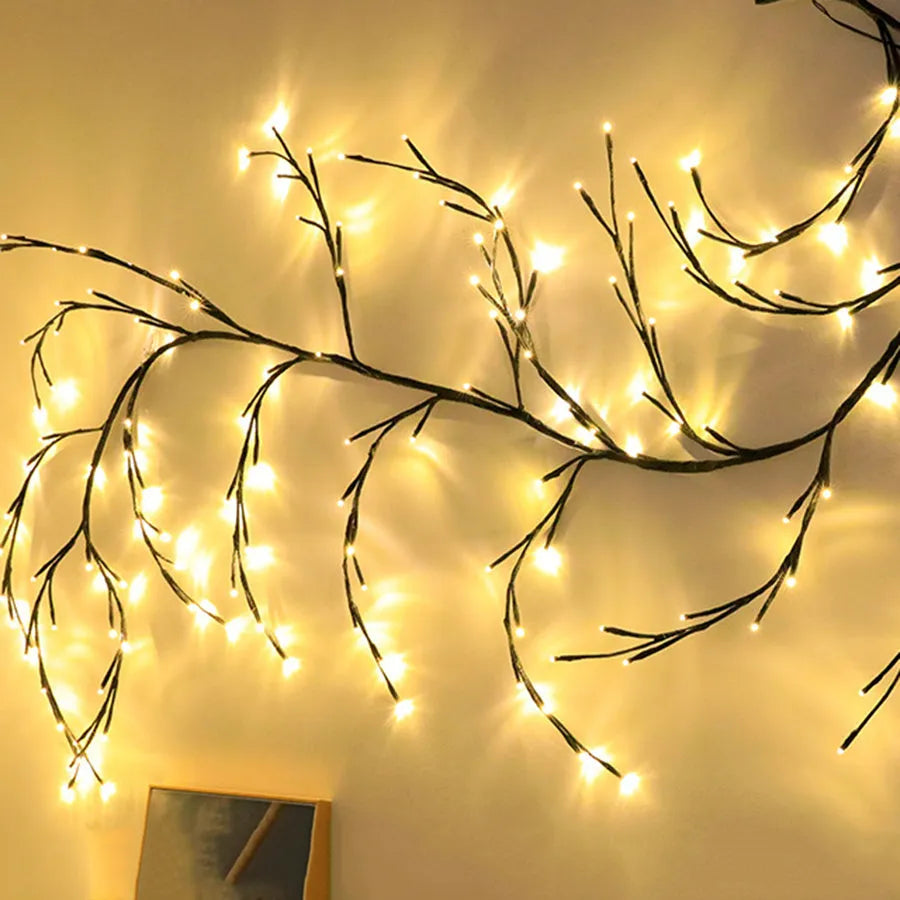Flexible DIY willow vine LED light garland with birch bark texture and 144 warm white lights