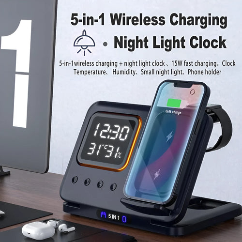 Black foldable wireless charging station displaying time and temperature, charging a phone and smartwatch.
