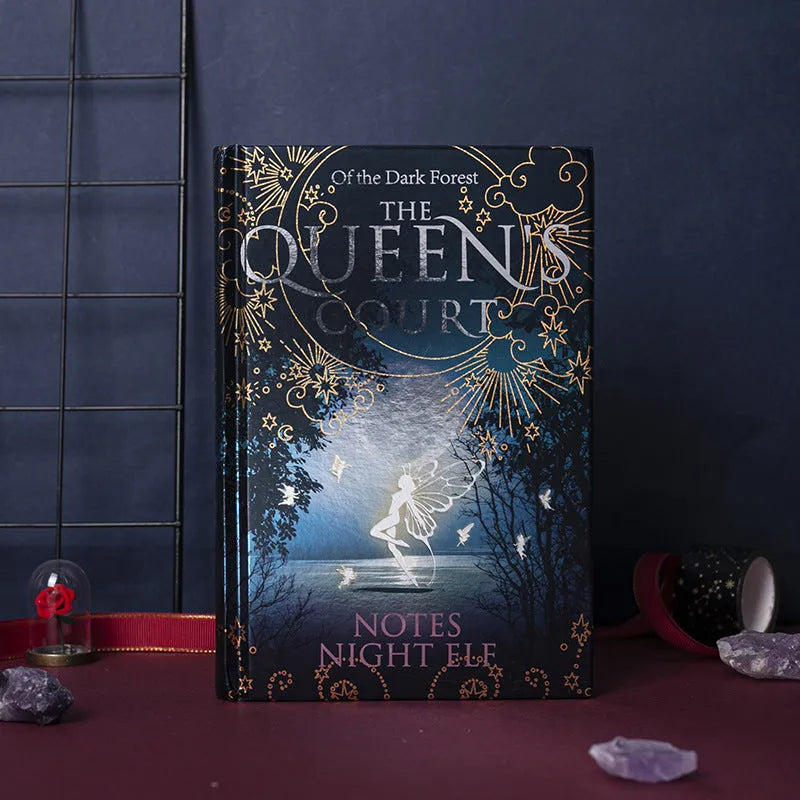 A5 hardcover notebook with luminous retro night elves design showing blue and purple colour options
