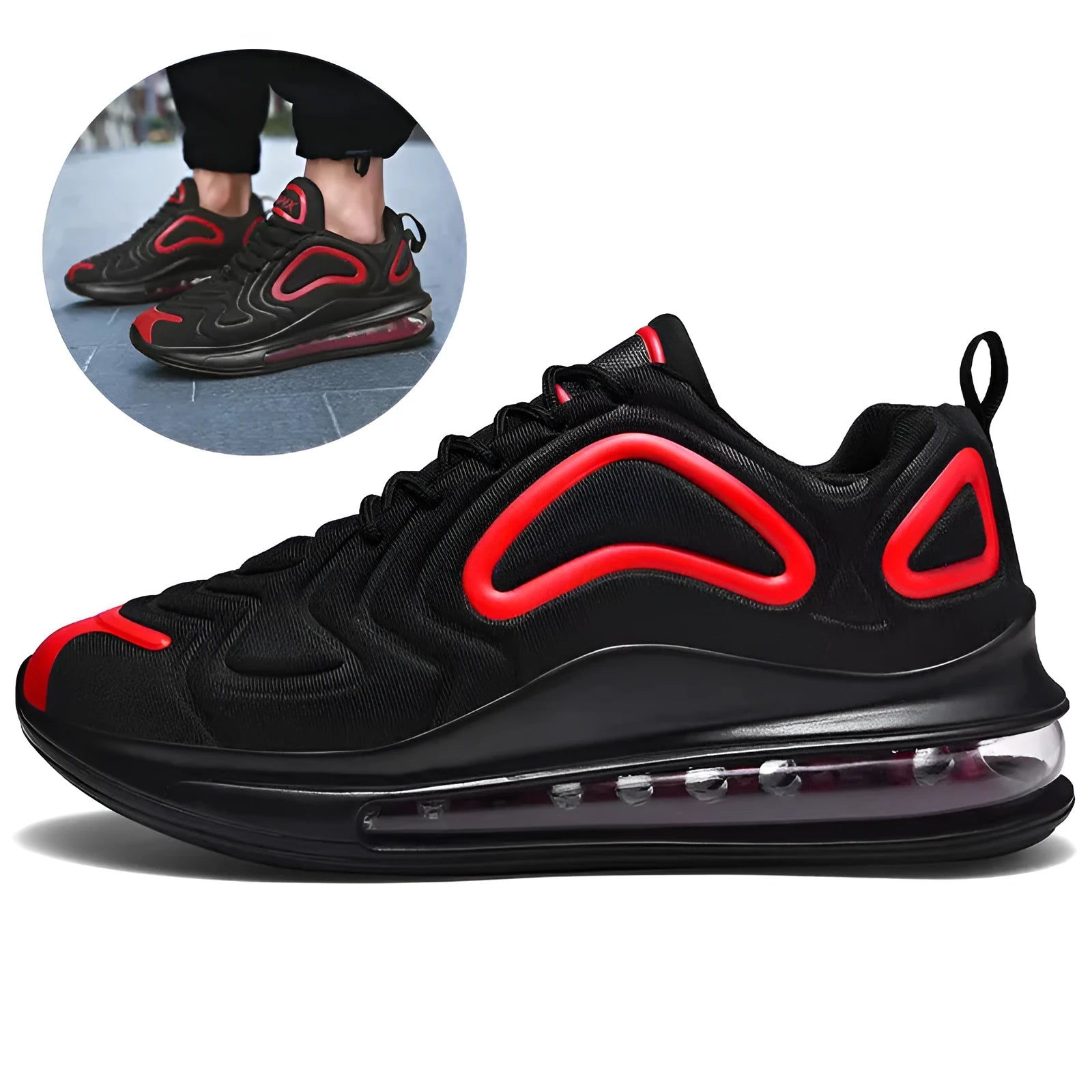Men's black casual shoes with air cushion design, lace-up front, and thick sole for outdoor running