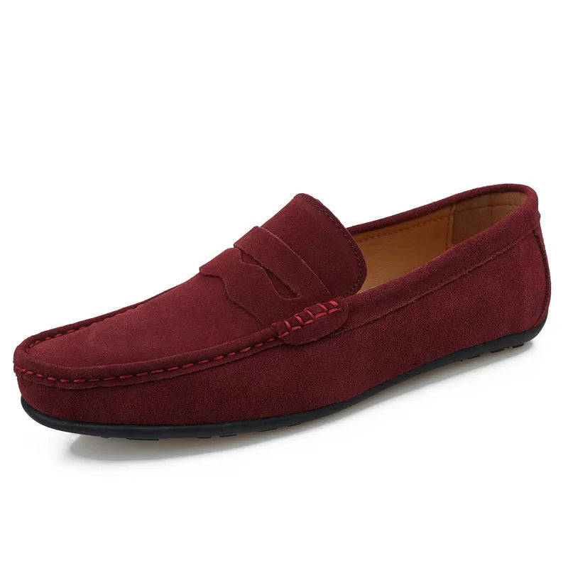 Men's solid colour suede cowhide loafers with rubber sole and round toe design