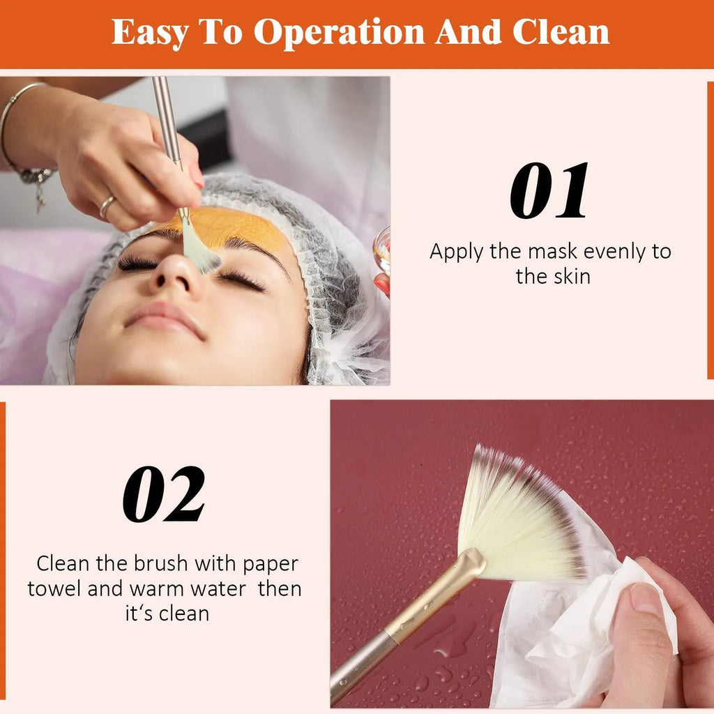 Set of 10 professional facial fan brushes with champagne finish and acrylic handles on a table.