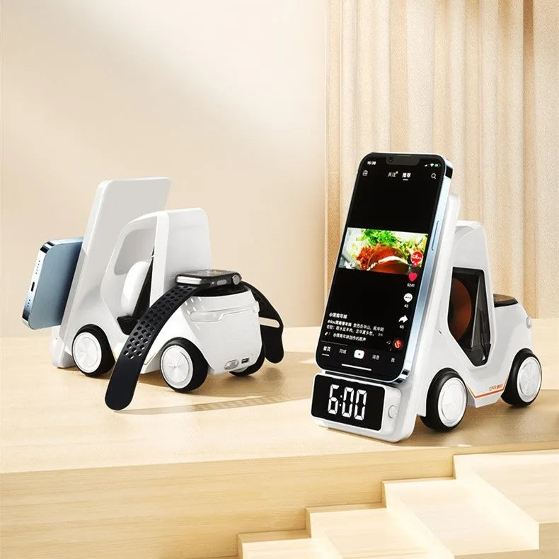 15W three-in-one wireless charging bracket for mobile phones in grey white yellow orange colours