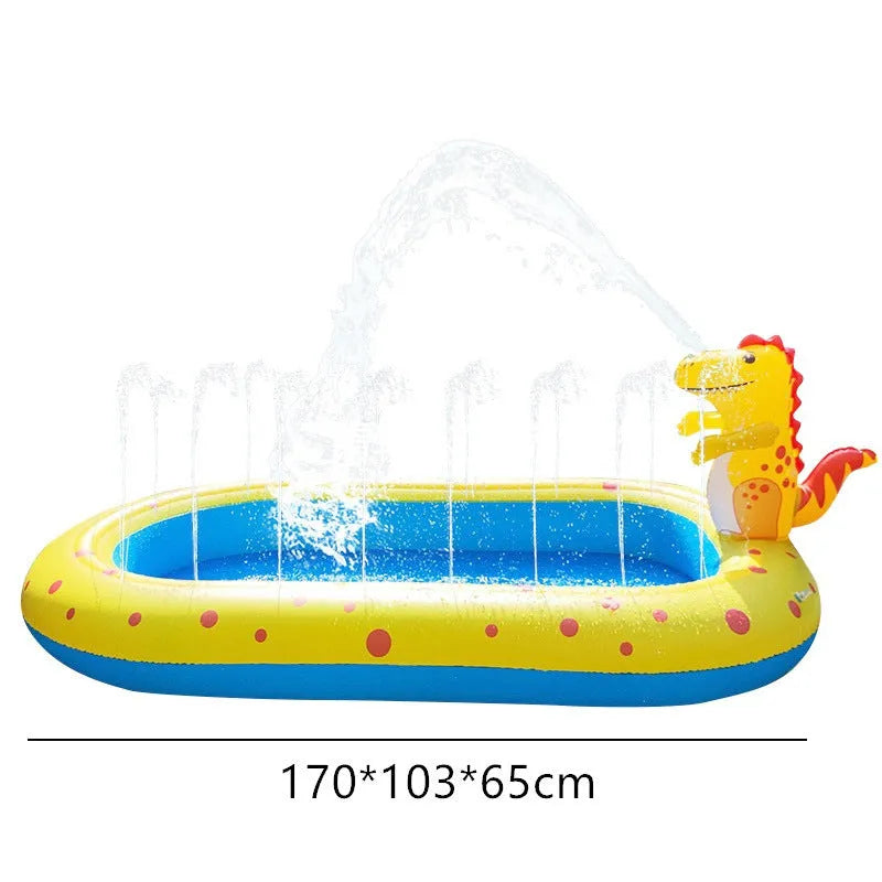 Blue dinosaur inflatable water spray pool with splash mat and toy shark for garden play