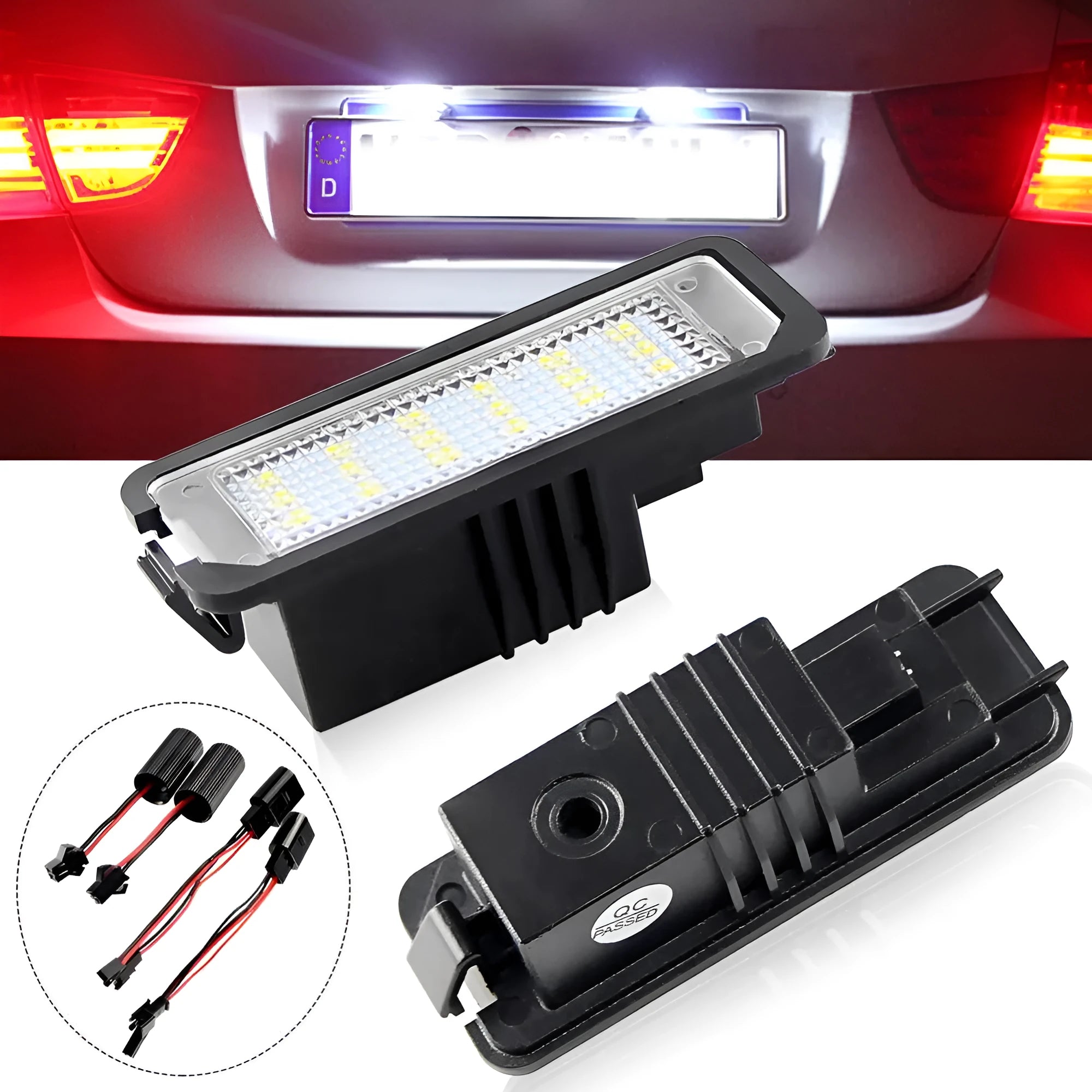 Volkswagen LED licence plate light unit for Golf, Polo, Phaeton models with plug connector.