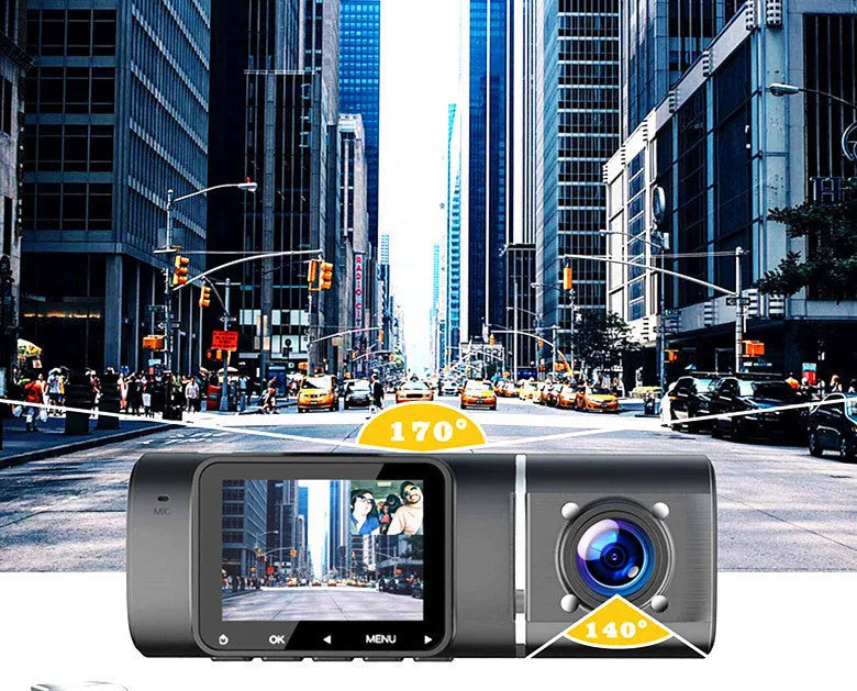 Standard black dual-channel dashboard camera with a 1.5-inch screen, shown with car charger and mounting stand.