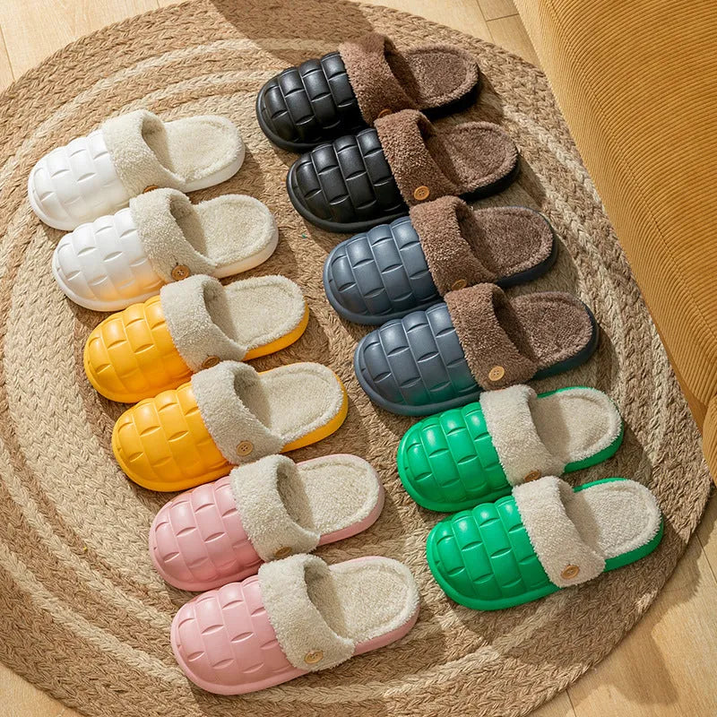 Women's detachable plush-lined EVA slippers in pink with non-slip soles for winter indoor wear