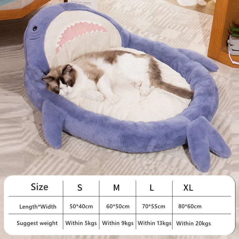 Shark pattern pet bed for dogs and cats with velvet fabric and non-slip base in blue colour