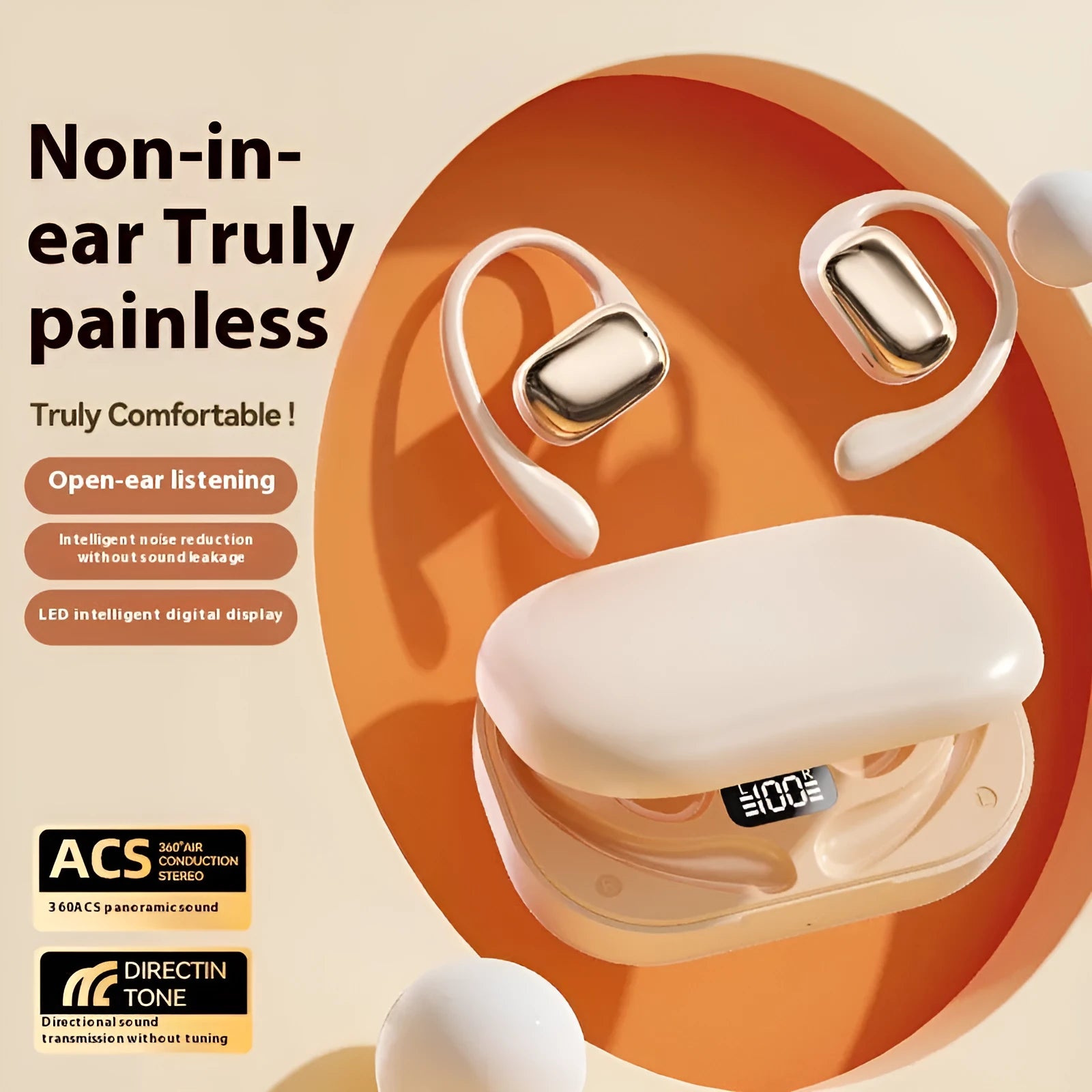 Ear-mounted wireless headphones with digital display screen in black, skin colour, or white colour options