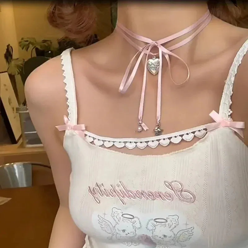 Women's alloy ribbon love pendant necklace on a clavicle chain, shown in one of 33 available colours.
