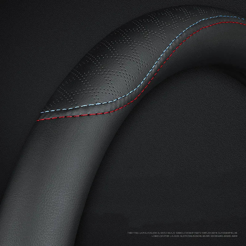 Black Napa leather texture steering wheel cover for Suzuki cars with a 38cm diameter.