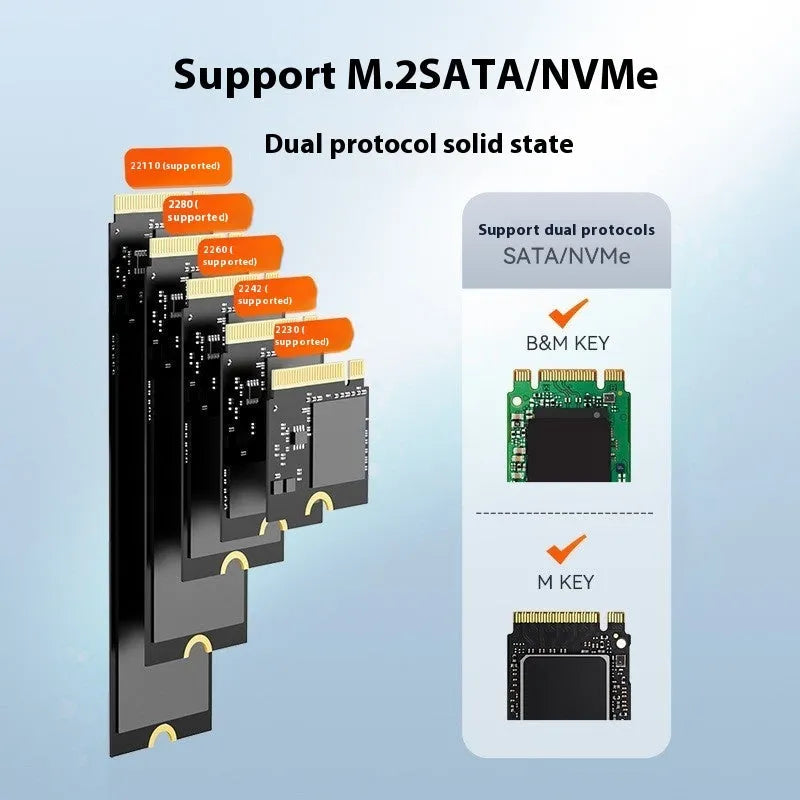 Black external solid state drive enclosure with Type-C cable for NVMe M.2 SSD conversion