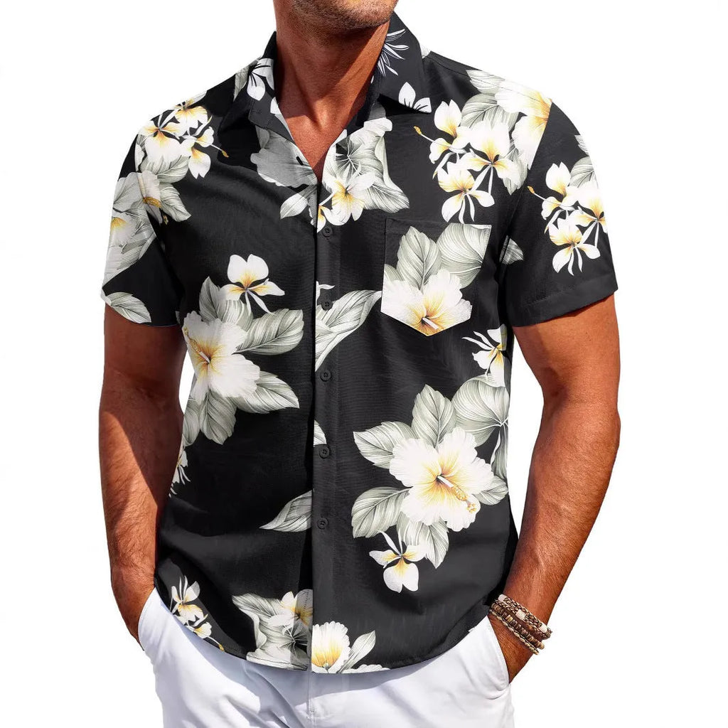 Men's slim fit Hawaiian short sleeve shirt cardigan in elastic polyester fabric