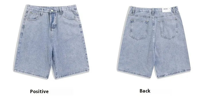Men's solid colour denim shorts showing five-point straight-leg design with zipper fly closure