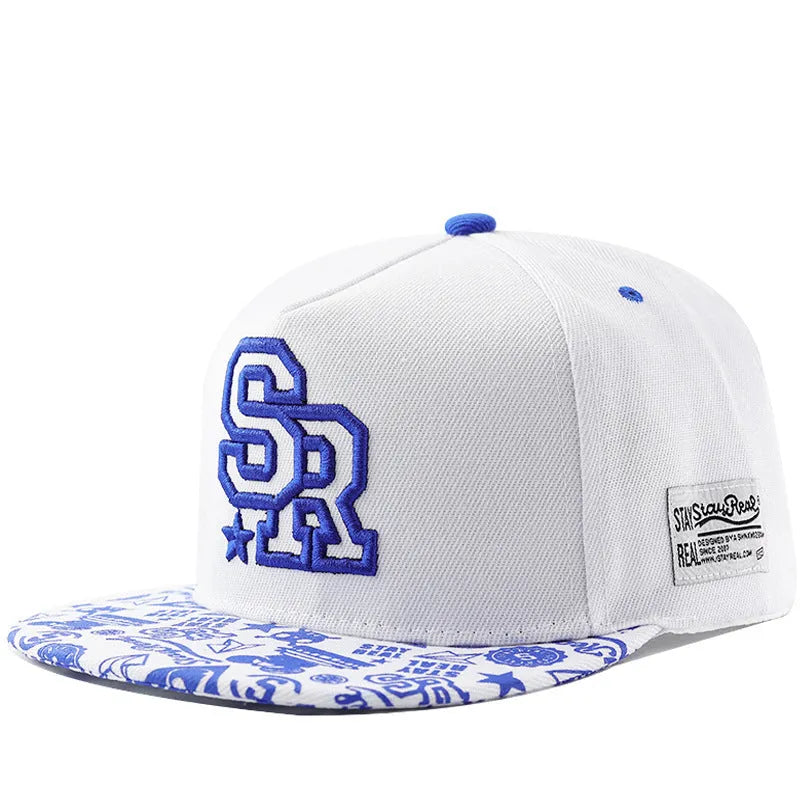 Cotton baseball cap with letter embroidery in SR White colour showing dome crown style