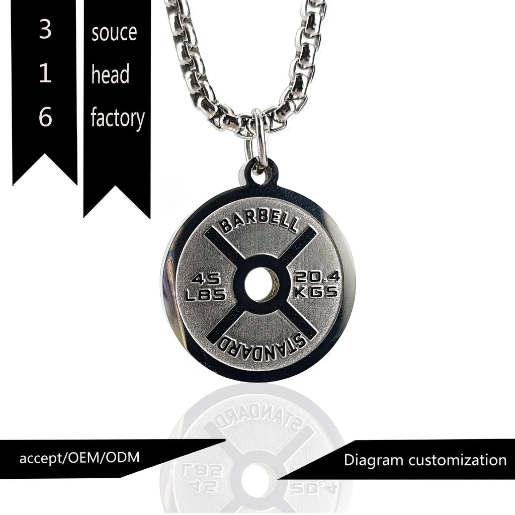 Geometric stainless steel barbell disc necklace with 60cm chain options on jewellery display