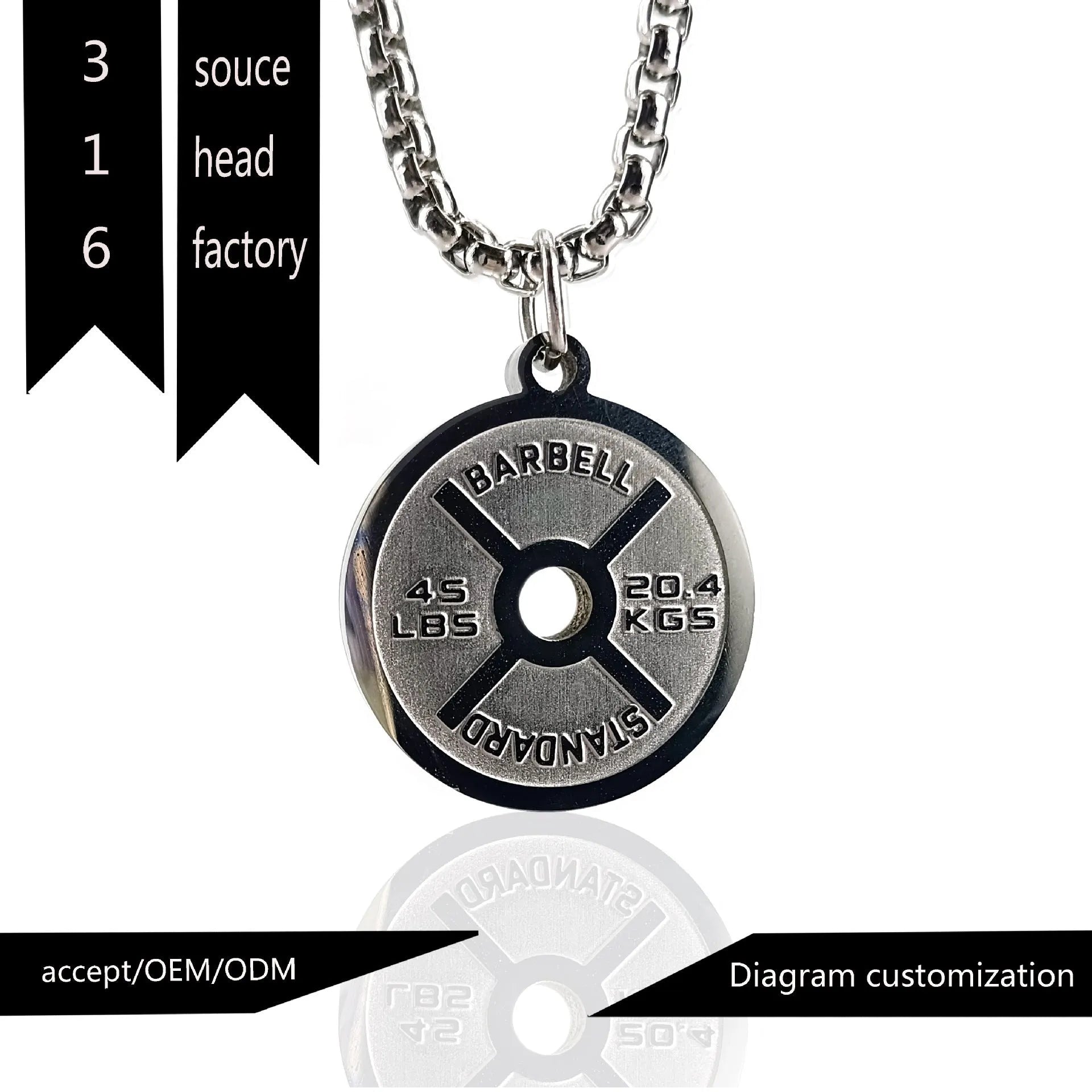 Geometric stainless steel barbell disc necklace with 60cm chain options on jewellery display