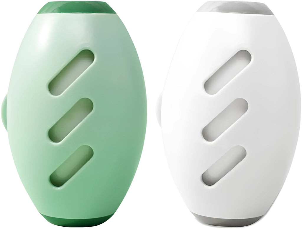 Green and white reusable gel lint roller ball for pet hair removal on fabric.