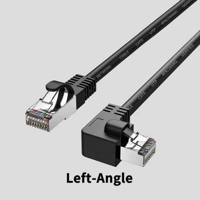 Cat6 Ethernet cable with right-angle metal RJ45 connector in black, shown alongside length and colour options.