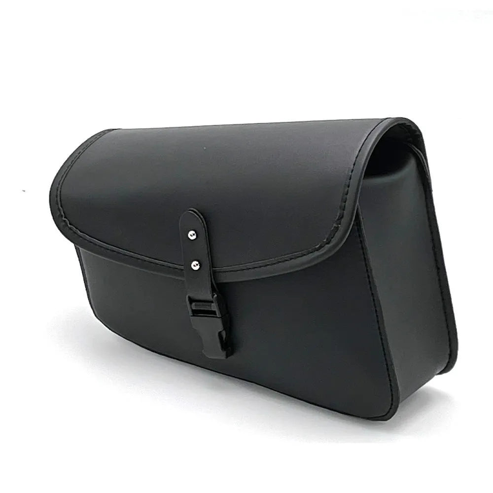 Black PU leather motorcycle swingarm saddlebag mounted on a Harley Sportster, showing side profile.