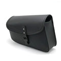 Black PU leather motorcycle swingarm saddlebag mounted on a Harley Sportster, showing side profile.