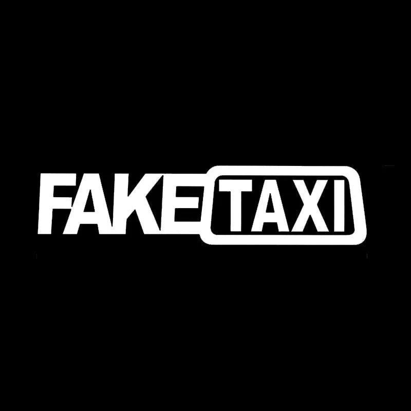 FAKE TAXI text car sticker in black, white, or yellow, measuring 20 cm by 8 cm.
