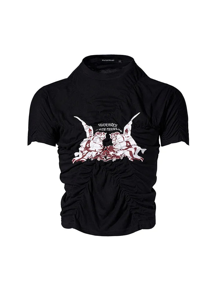 Men's black printed summer shirt with slim fit and Korean style pleating details