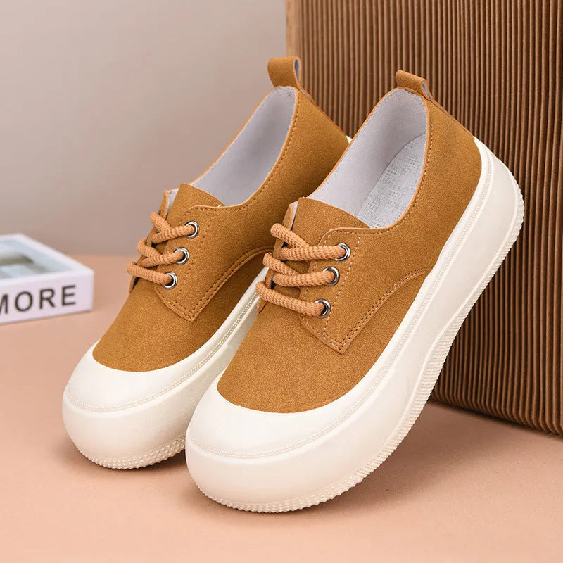 Women's camel suede platform loafers with 4CM height increase and round toe design