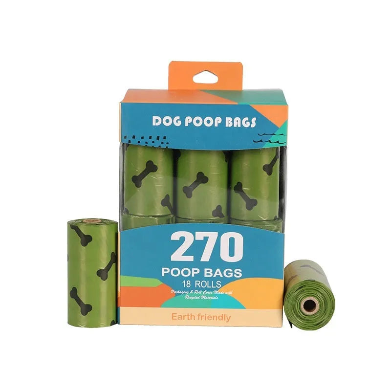 Military green degradable dog waste bags with black bone print measuring 23 by 33 centimetres