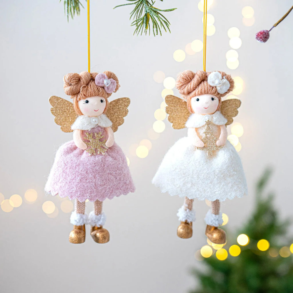 Pink and white Christmas angel wings plush pendant ornament with modern simplicity design