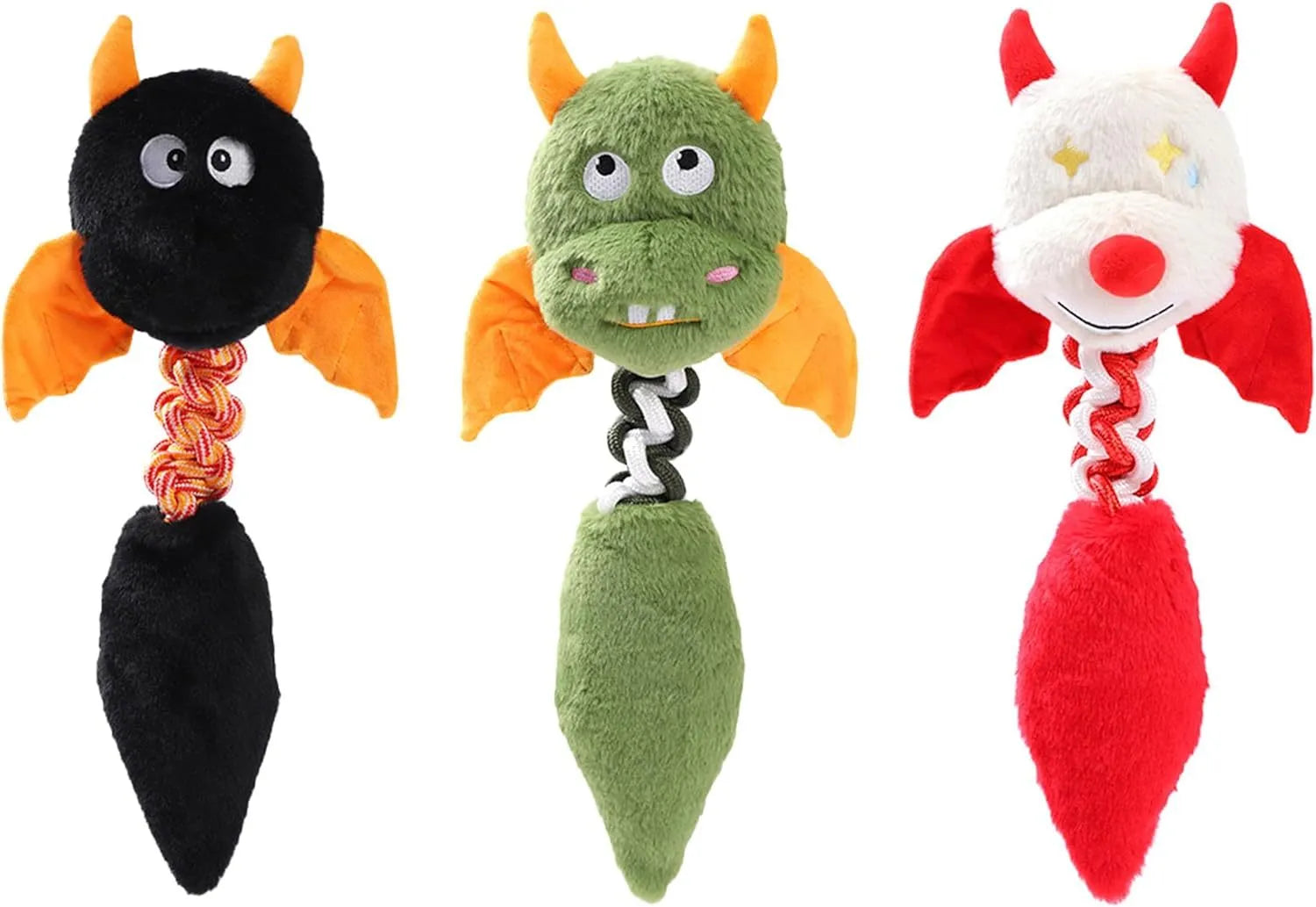 Large black, green, or red plush dog toy with cartoon design, measuring 44 cm, for aggressive chewers.