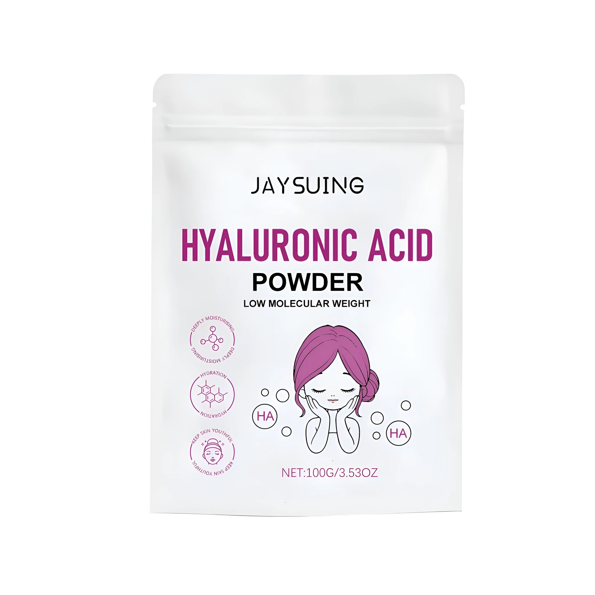 100g pack of white hyaluronic acid powder for DIY skincare formulation.