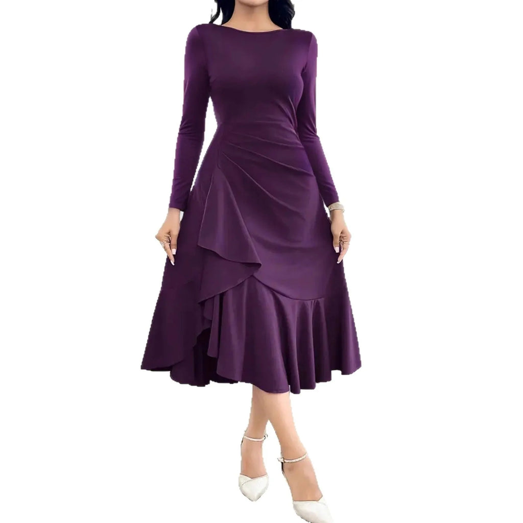 Purple women's long sleeve dress with round neck, mid waist, and ruffle details on a hanger.