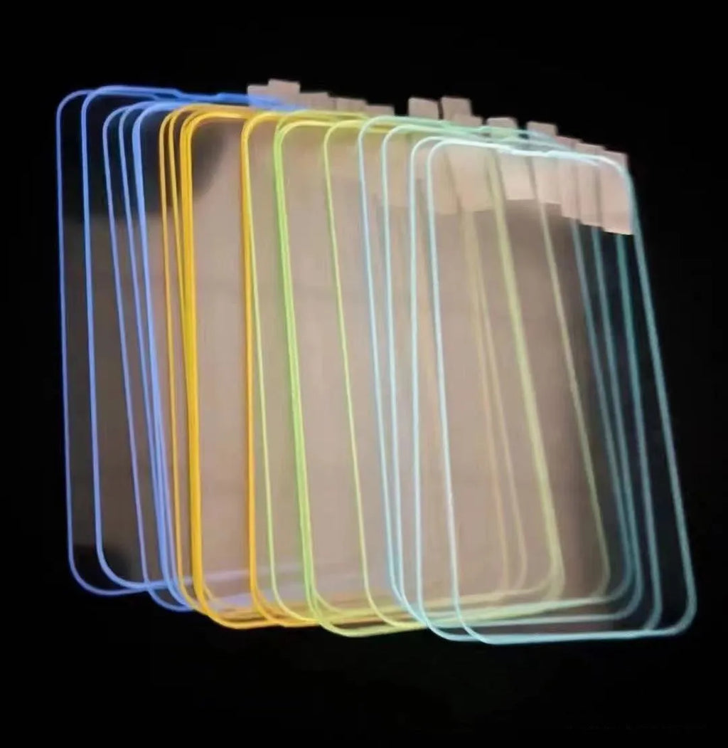 Fluorescent tempered glass screen film for iPhone showing luminous green glow effect
