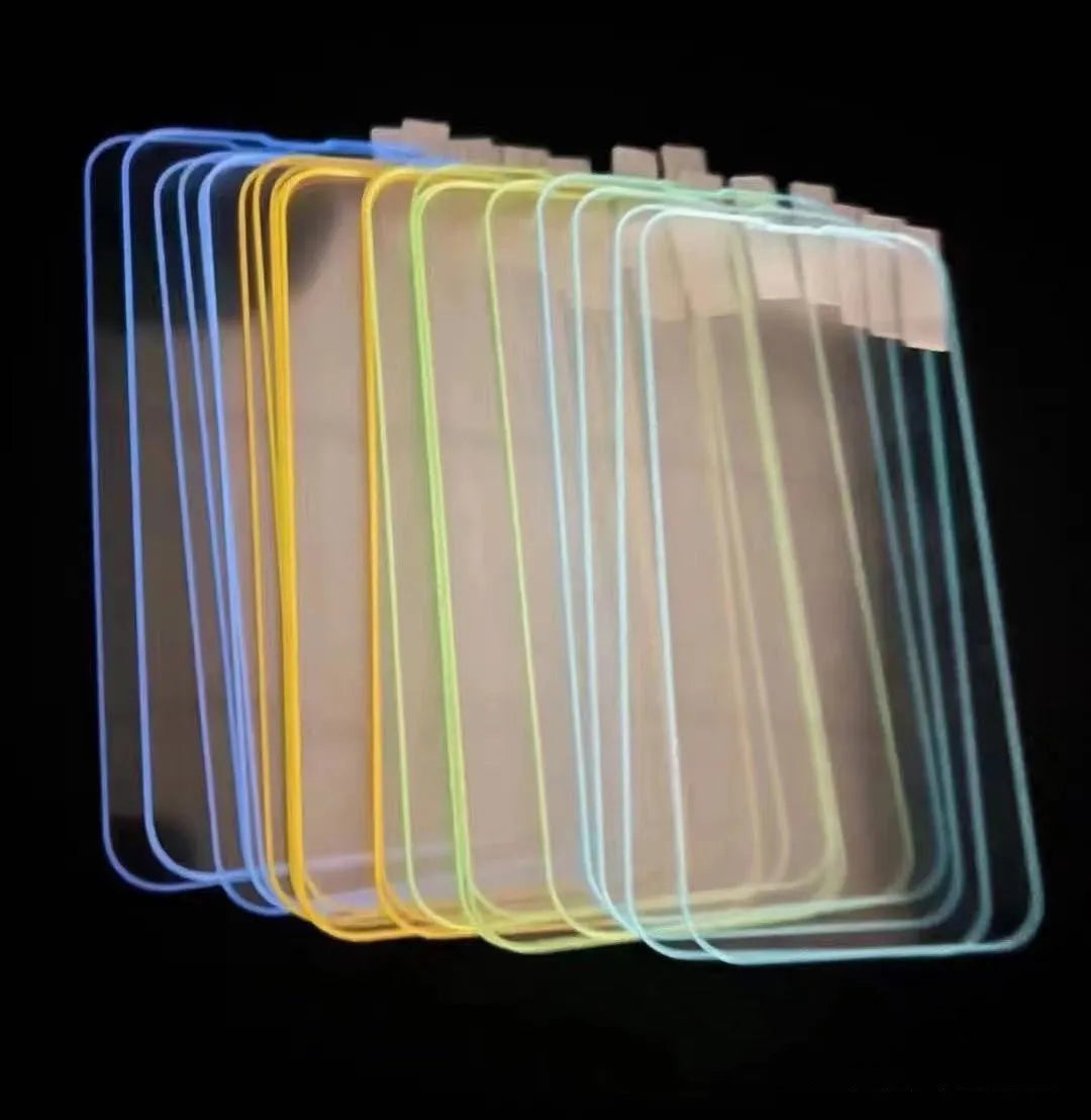 Fluorescent tempered glass screen film for iPhone showing luminous green glow effect