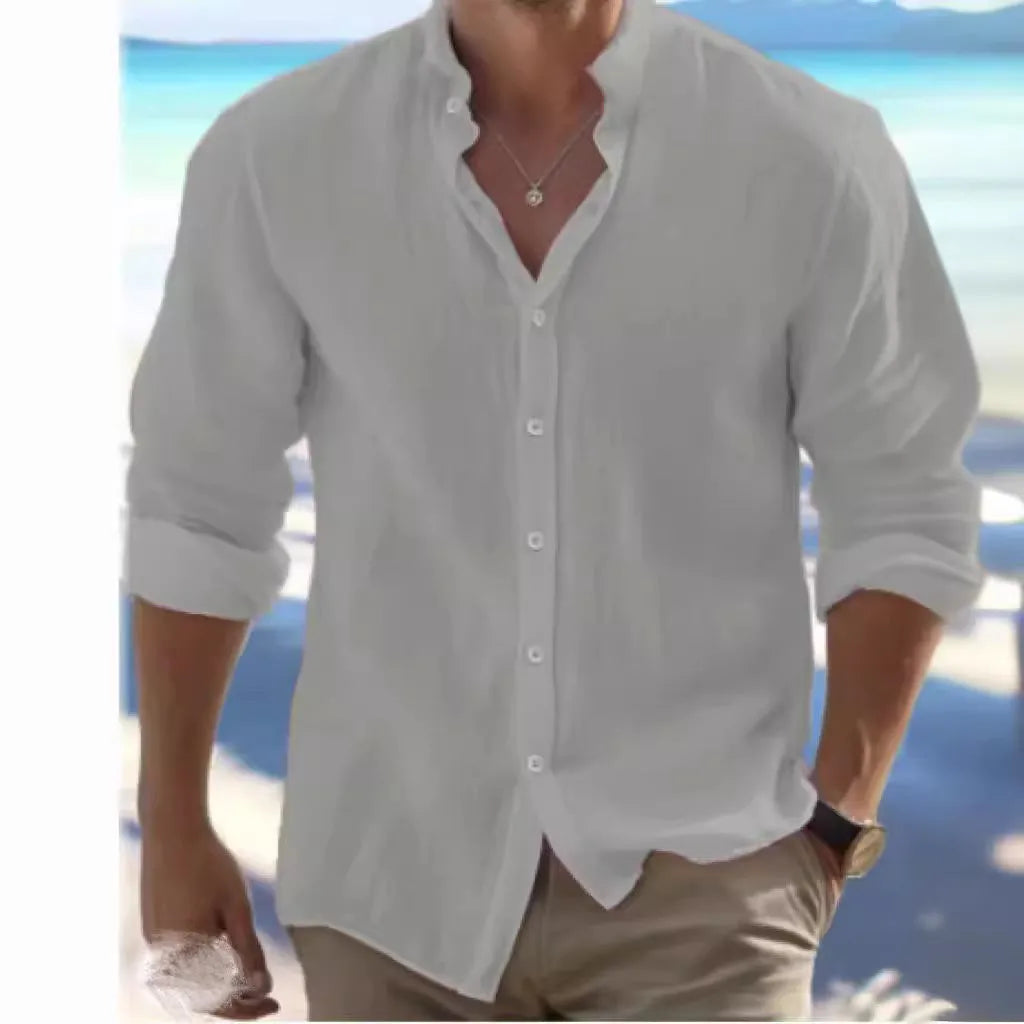 Men's light grey long-staple cotton casual pullover shirt on a hanger.
