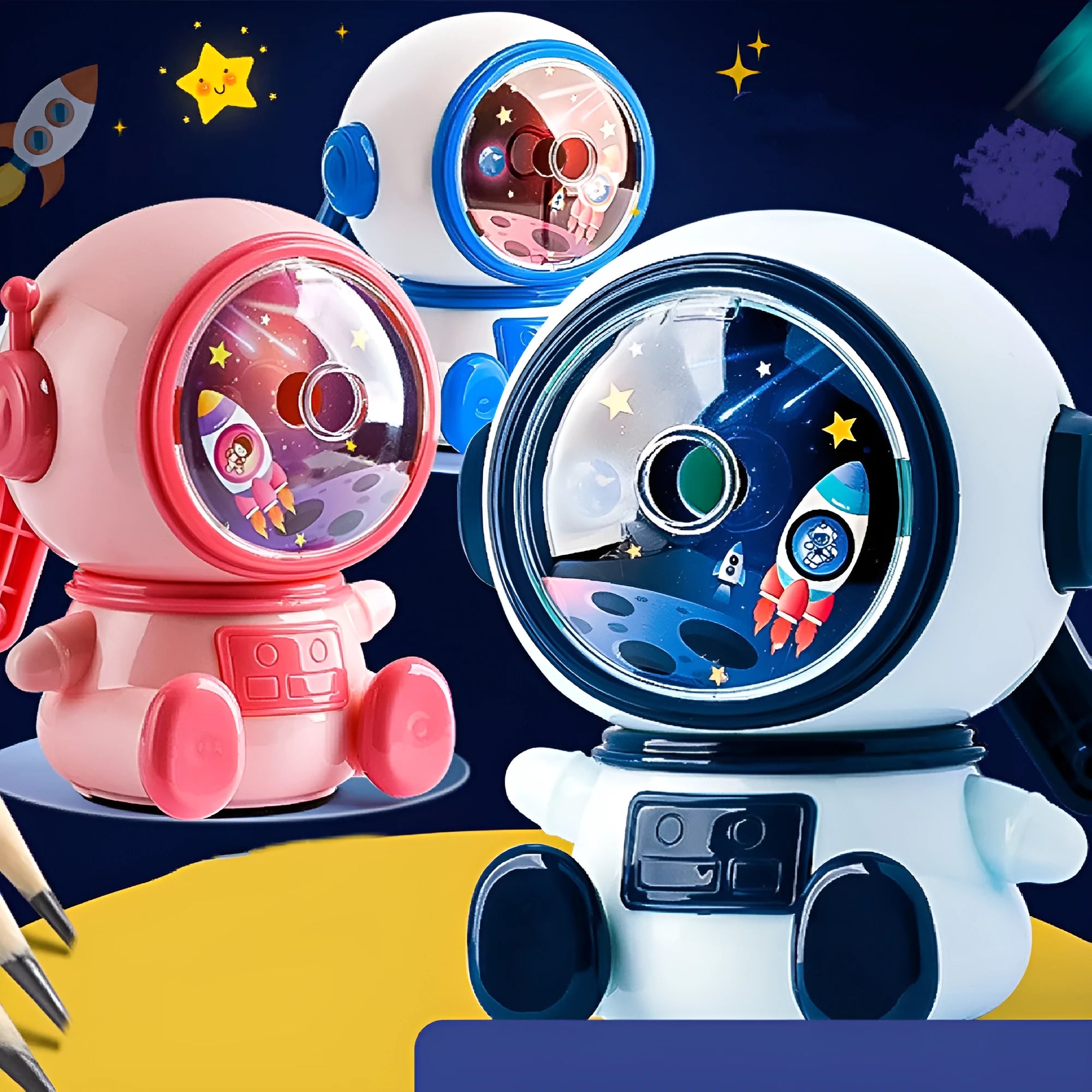 Cartoon astronaut manual pencil sharpener in blue or pink with adjustable blades
