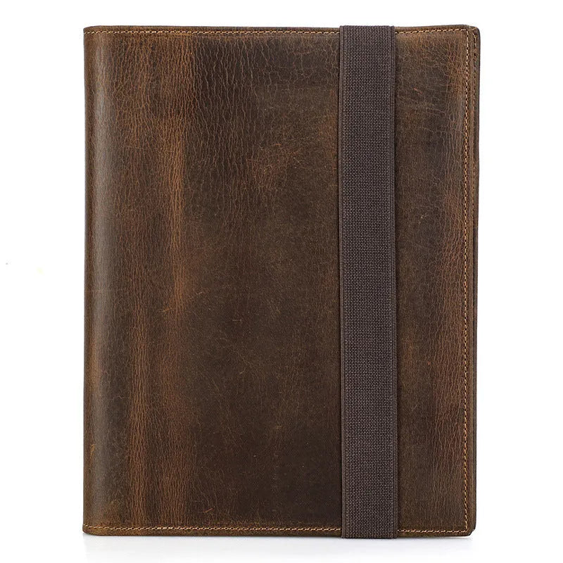 Brown Crazy Horse leather notebook protective sleeve for A5 paper with square socket design