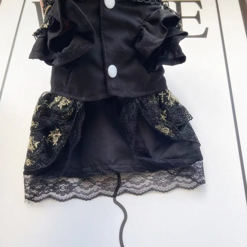 Golden gothic princess style skirt pet clothing for cats and dogs shown in multiple sizes